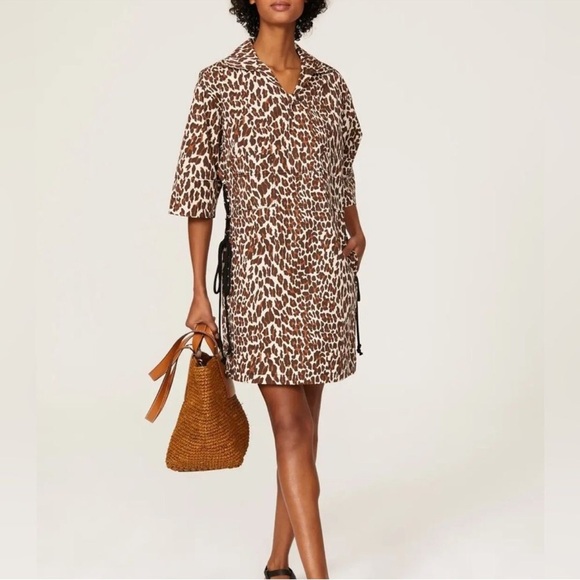 Tory Burch Brown Animal Leopard Print Reva Collared Shirt Dress, Size 4 - Picture 1 of 11